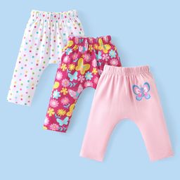 Babyhug Interlock Cotton Knit Full Length Diaper Pants Pack of 3 Floral & Butterfly Print- Multicolour-image-48