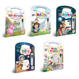 Write, Wipe & take Along Fun With , Play with Mazes , Spot the Difference , Word Search , Crossword With Pen | Combo of 5 |Explorer's Delight Set-1