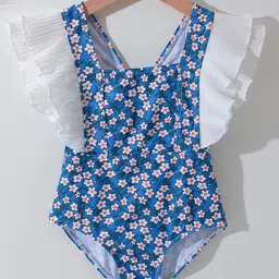 Kookie Kids Frill Sleeves V Cut Swimsuit with Floral Print - Blue-picture-16