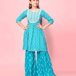 Aarika Three Fourth Sleeves Floral Printed & Embroidered Kurta With Gharara - Firozi Blue-image-38