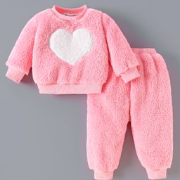 Kookie Kids Full Sleeves Winter Wear Suit With Heart Applique - Pink-image-58