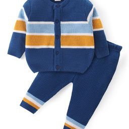 Babyhug Knitted Full Sleeves Front Open Sweater Set With Stripes Design - Navy Blue-image-12
