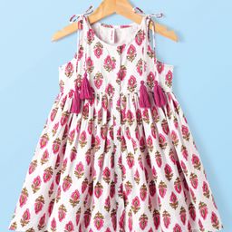 Babyhug Cotton Woven Sleeveless Ethnic Dress with Floral Print - White-image-61