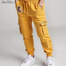 Arias Cotton Stretch Looper Knit Full Length Jogger Pant with Patch Pockets & Text Print - Yellow-image-82