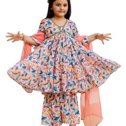 Cutiediva Three Fourth Sleeves Floral Printed & Lace Embellished Aliya Cut Kurta & Sharara With Dupatta - Multi Colour-image-62
