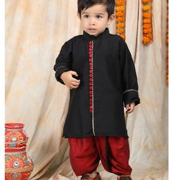 Polka Tots Cotton Full Sleeves Gota Lace Detailed Kurta With Dhoti - Black-image-88