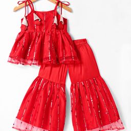 Saka Design Silk Woven Sleeveless Kurta & Gharara Set with Sequin and Mirror - Red-image-88