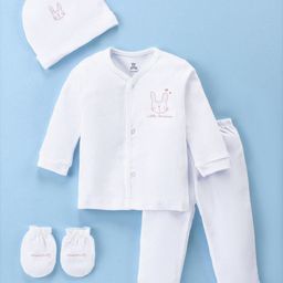 I Bears Interlock Knit Full Sleeves Animal Printed Night Suit With Cap & Mittens - White-image-55