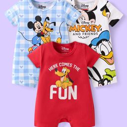 Babyhug Disney Interlock Knit Half Sleeves Rompers with Mickey & Friends Graphics Pack of 3 - White Light Blue & Red-image-20