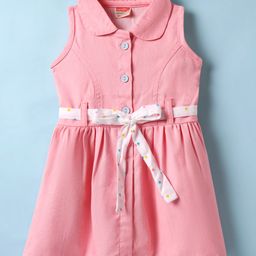 Twetoons Cotton Woven Sleeveless Solid Color Frock & Belt with Peter Pan Collar - Pink-image-79