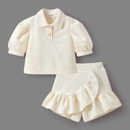 Mark & Mia Half Sleeves Solid Color Collared Top & Shorts Set with Frill Detailing - Beige-image-69