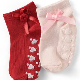 Babyoye Cotton Bamboo Knit Ankle Length Anti Skid Socks with Bow Applique Pack of 2 - Red & Pink-image-97