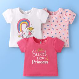 Doodle Poodle 100% Cotton Knit Half Sleeves T-Shirts with Hearts & Text Print Pack of 3 - Pink & White-image-88