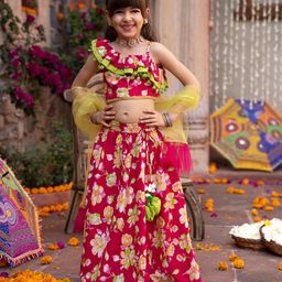 Pspeaches Cotton One Shoulder Sleeves Floral Printed Lehenga Choli With Dupatta Set - Magenta-picture-1