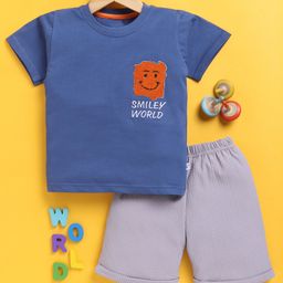 TOONYPORT Cotton Knit Half Sleeves Smiley World Text Embroidered Tee & Shorts Set - Blue-image-54