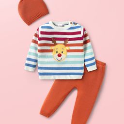 Babyhug Knitted Full Sleeves Pullover Sweater Set With Cap & Reindeer Patch Detailing - Orange-image-72