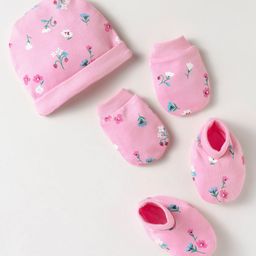 Kookie Kids Interlock Knit Cap Mittens & Booties With Floral Print - Pink-picture-21