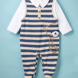 ToffyHouse Cotton Knit Sleeveless Footed Dungaree Style Romper With Full Sleeves Inner Tee & Bear Embroidery Detailing - Navy Blue & Beige-picture-4