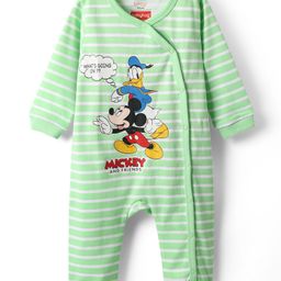 Babyhug Disney Interlock Knit Full Sleeves Romper with Mickey Mouse & Friend Print & Stripe Design - Green-image-100