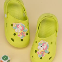 Yellow Bee Unicorn Applique Detailed Perforated Slingback Clogs - Green-image-63