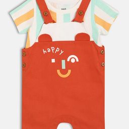 MINI KLUB Cotton Knit Happy Text Printed Dungaree With Half Sleeves Striped Tee - White & Red-picture-24