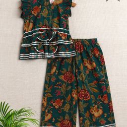 The Magic Wand Cotton Woven Frill Sleeves Floral Printed Lace Embellished Top With Coordinating Palazzo Set - Green-image-70