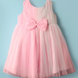 Babyhug Woven Sleeveless Mesh Party Dress with Bow Applique - Pink-image-88