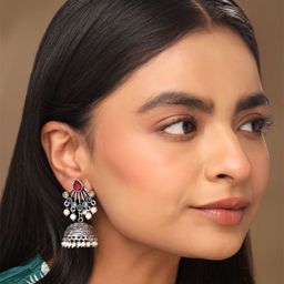 Yellow Chimes Silver-Plated Stone Studded & Beaded Oxidized Floral Dome Shaped Jhumkas-35