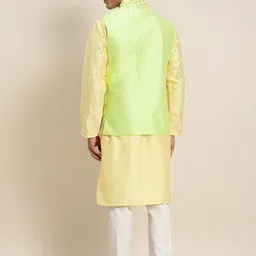 SOJANYA Men Yellow Mirror Work Kurta with Pyjamas & Nehru Jacket image 5