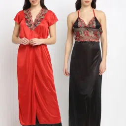 Secret Wish Black & Red Embroidered Nighty With Robe-18