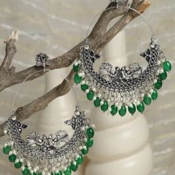 Moedbuille Handcrafted Green Pearl Filigree Work Silver-Plated Antique Tasselled Chand Bali Earrings-25