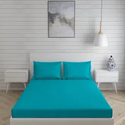 Layers Be Bold Solid Sky Blue 144 TC Cotton King Bed Sheet with 2 Pillow Covers-image-98