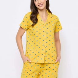 Clovia Yellow Cotton Printed Shirt & Shorts Set-image-40