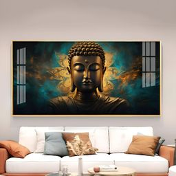 THE NEXT DECOR Teal Lord Buddha Golden Glass Finish Horizontal Wall Art-image-101