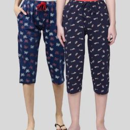 Kryptic Blue Pure Cotton Elasticated Waist Band Relaxed Fit Printed Capris - Pack of 2-image-0