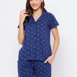 Clovia Navy Cotton Printed Shirt & Shorts Set-picture-44