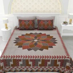 Living Roots Block print Gray 150 TC Cotton Bedsheet with 2 Pillow Covers-5
