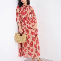 Styli Floral Print Tie-Up Neck Flared Sleeve A-Line Maxi Dress-image-12