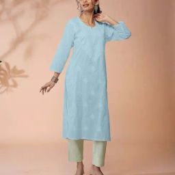 Daali Powder Blue Cotton Regular Fit Embroidered Kurtis-image-35