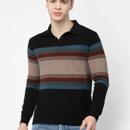 Kalt Black Regular Fit Striped Polo T-Shirt-2