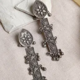 Teejh Ethnic Warda Silver Oxidized Dangler Earrings-image-90