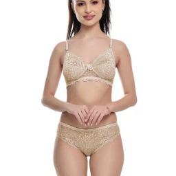FIMS Beige Lace Work Bra Panty Set-image-8