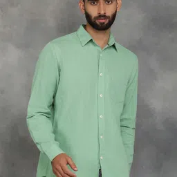 JADE BLUE Men Spread Collar Solid Cotton Linen Slim Fit Casual Shirt-image-15