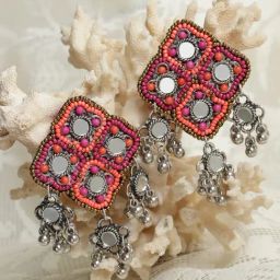 Moedbuille Pink Beads & Mirrors Studded Afghan Design Oxidized Silver-Plated Drop Earrings-84