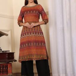 W Mustard Printed Straight Kurta-picture-10