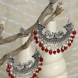 Moedbuille Handcrafted Red Pearl Filigree Work Silver-Plated Antique Tasselled Chand Bali Earrings-image-78