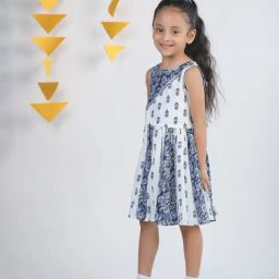 Budding Bees Kids Blue & White Floral Print Dress-image-44