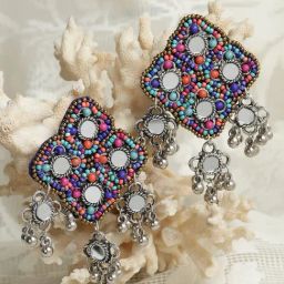 Moedbuille Multi Beads & Mirrors Studded Afghan Design Oxidized Silver-Plated Drop Earrings-85