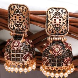 Karatcart Antique Gold-Plated Floral Maroon Studded Jhumki Earrings for Women-28
