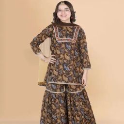 AJ Dezines Kids Brown Cotton Printed Kurta Set-picture-7